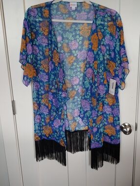 LuLaRoe Blue Floral Sheer Cardigan with Purple and Orange Blooms